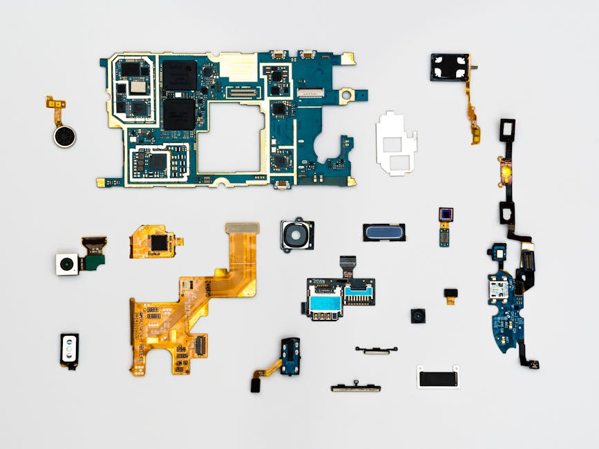 Exploded view of smartphone components showcasing intricate technological design